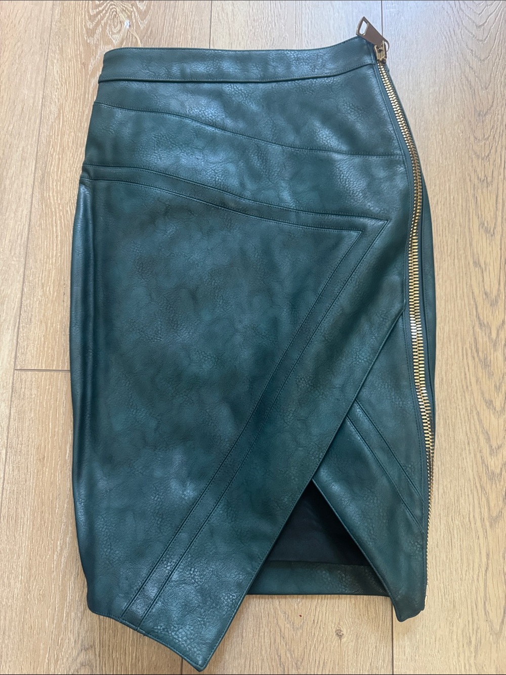 House of CB Dark Green Faux Leather Asymmetric Zip Pencil Skirt